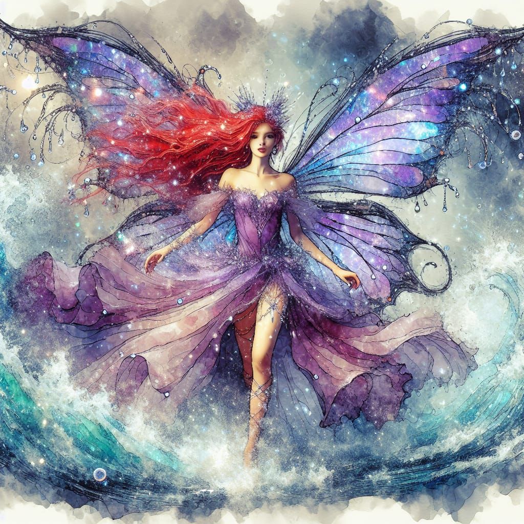 Red-Haired Water Fairy in Watercolor with Translucent Wings