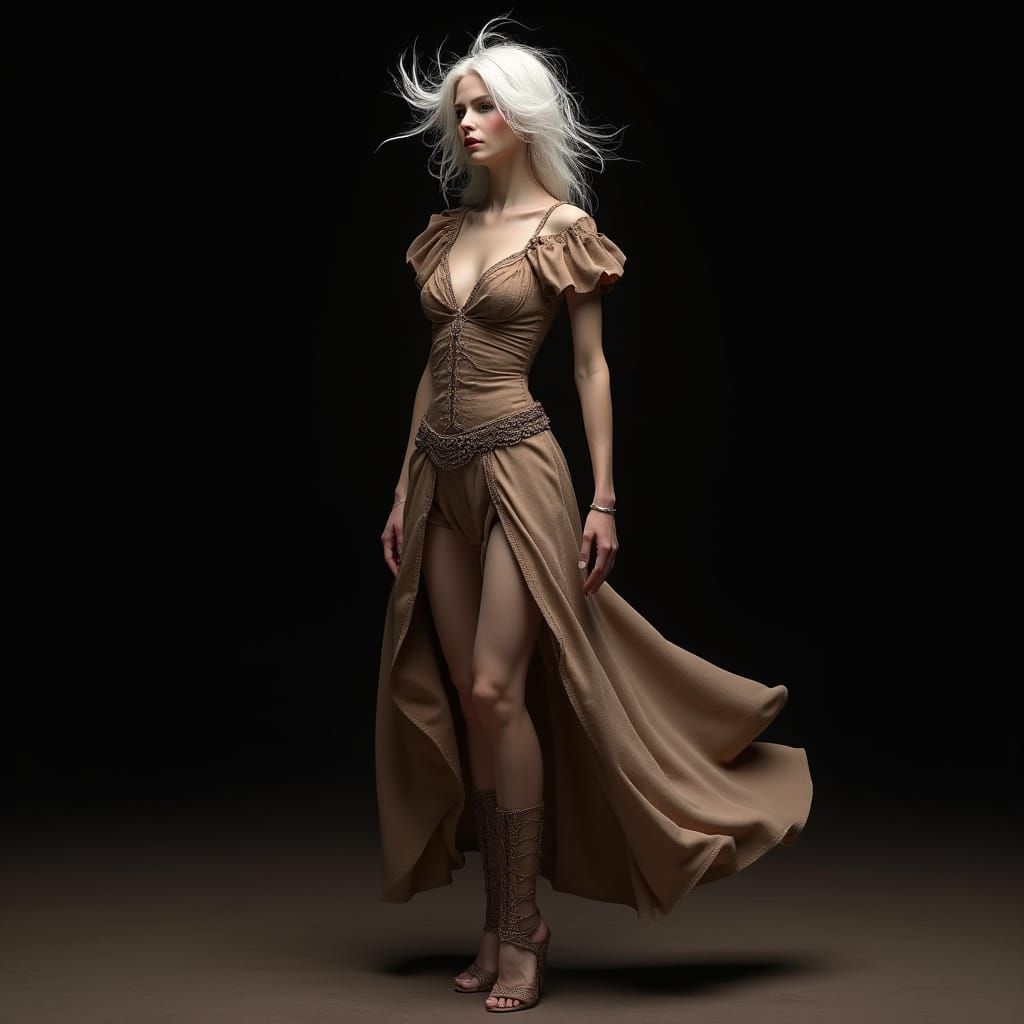 Ethereal Woman in Dark Beige Attire