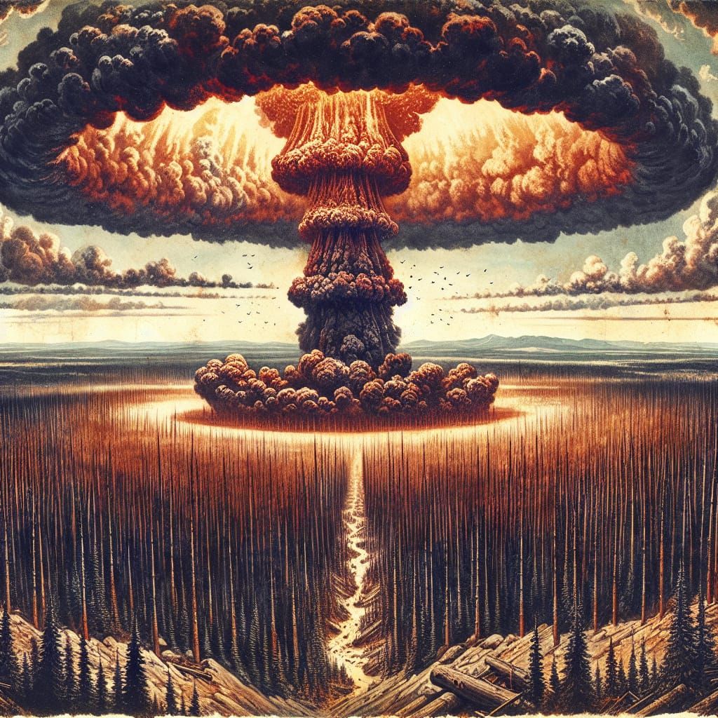 Tunguska Event Explosion in Golden Age Watercolor Style
