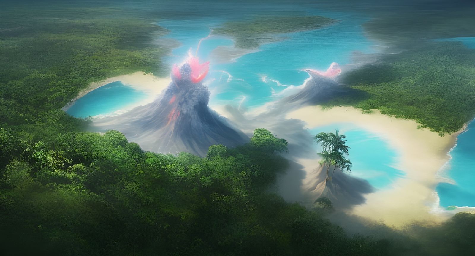 Erupting Volcano Surrounded by Tropical Jungle