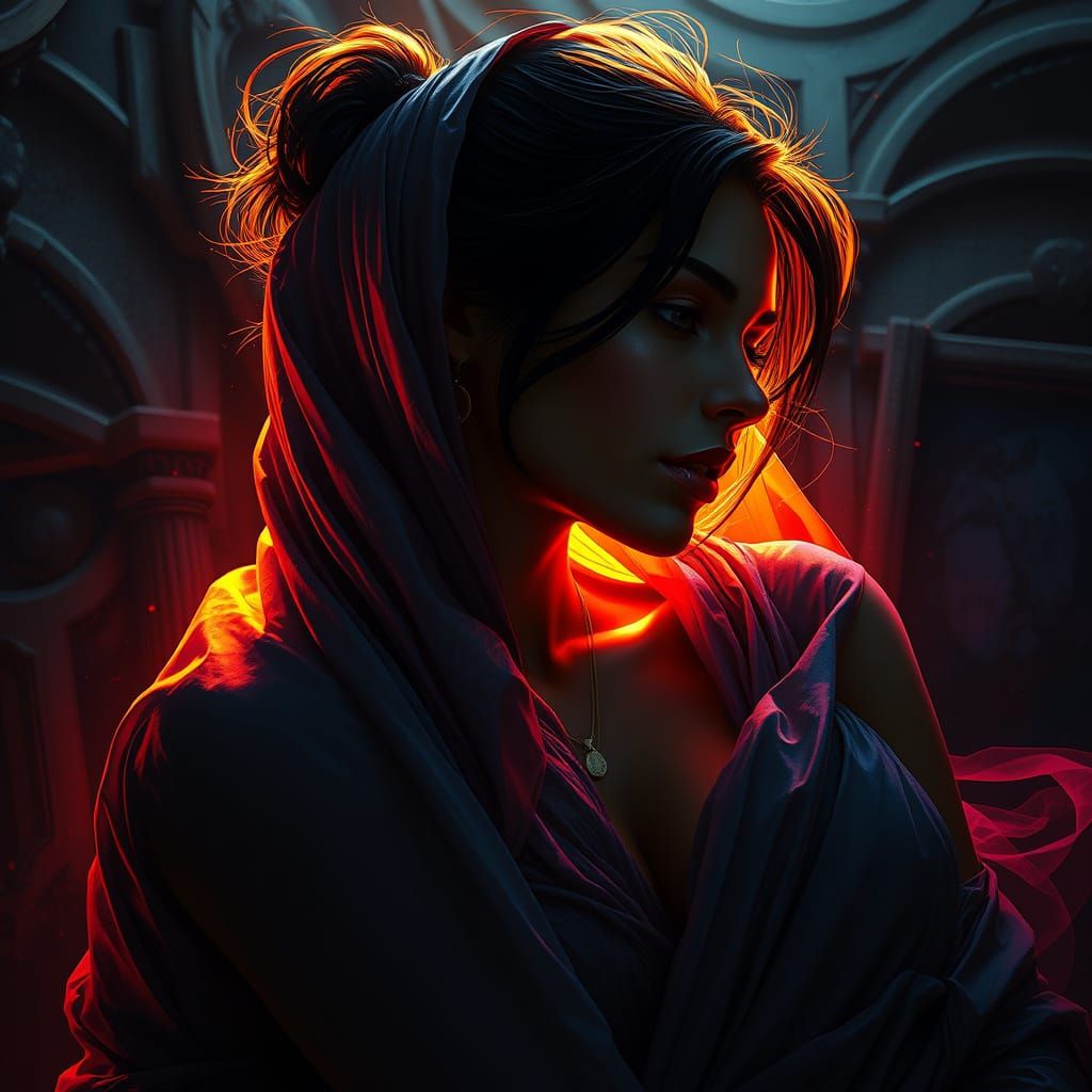 Intricately Detailed Portrait of a Woman in Fabrics