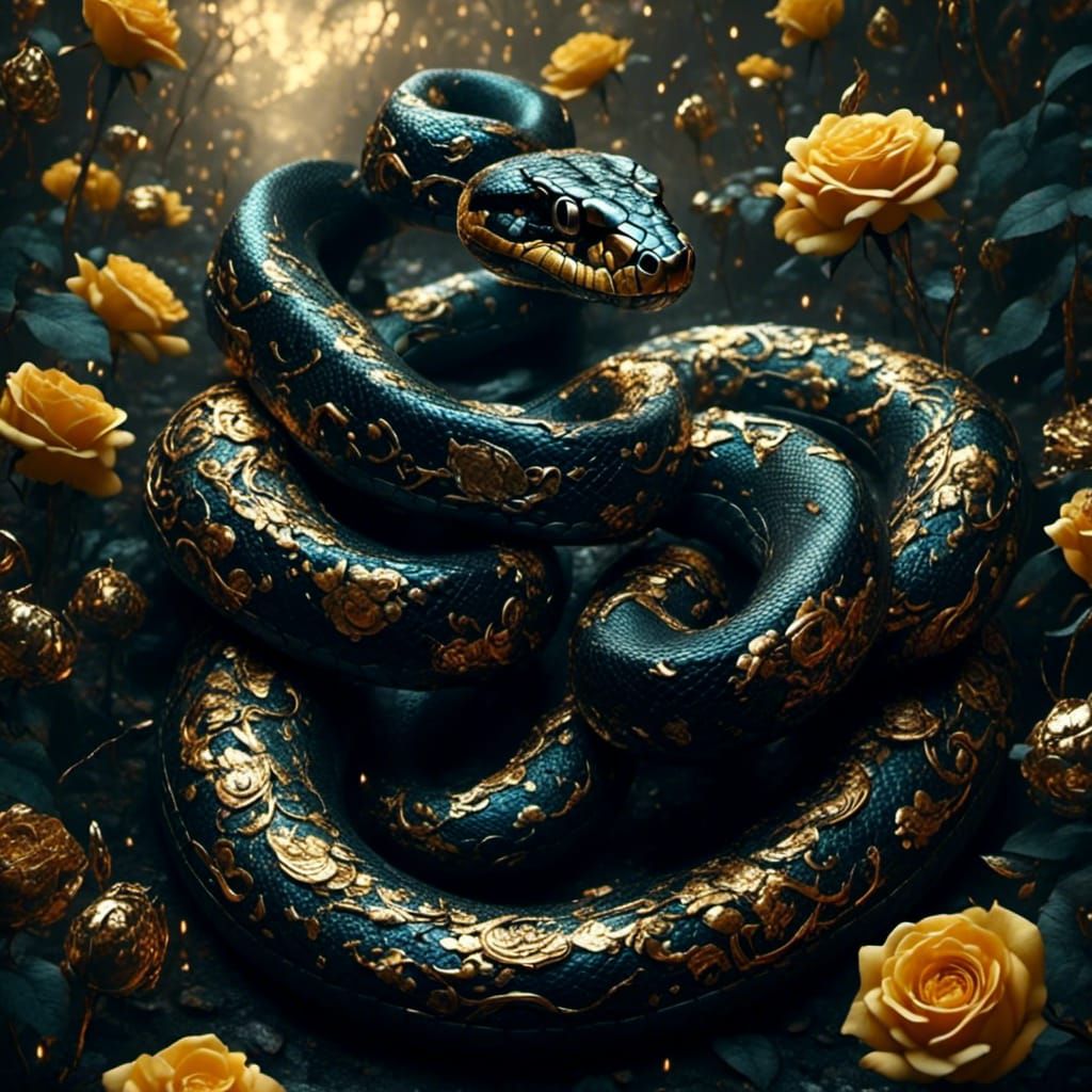 Gold Roses Frame a Black and Gold Snake