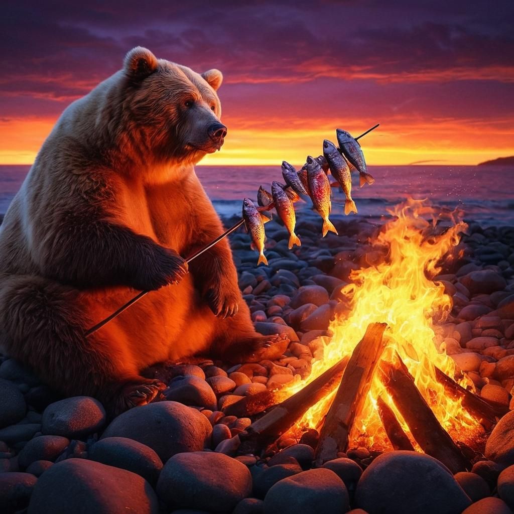 Kodiak Bear Roasting Fish at Sunset