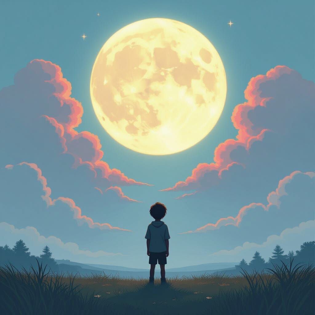 Ethereal Moonlit Landscape with Lonely Boy