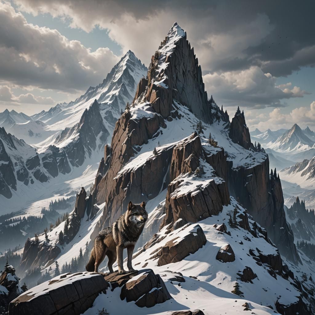Snowy Mountain Peak with Lone Wolf