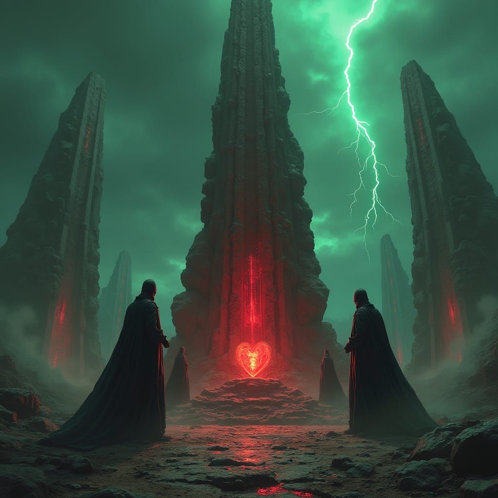 Blood-Crimson Spire Ritual Under Green Lightning