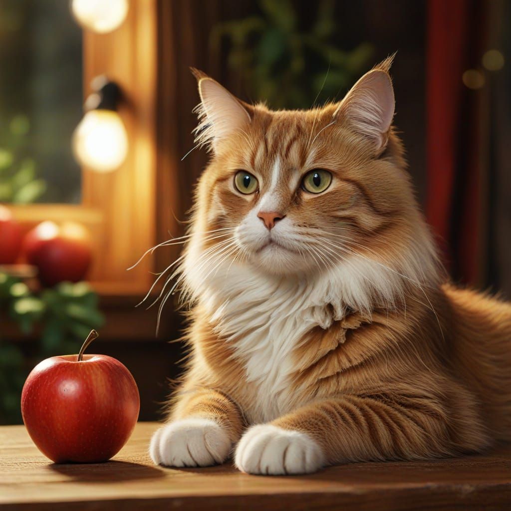 Whimsical Cat and Apple Portrait in Digital Art