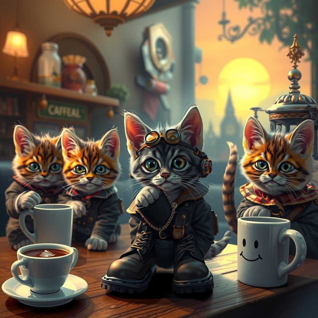 Steampunk Kitten Coffee Shop at Dawn, Surreal Art