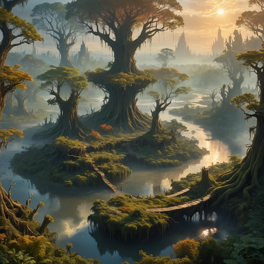 Lush Swamp City Sprawls Across the Horizon