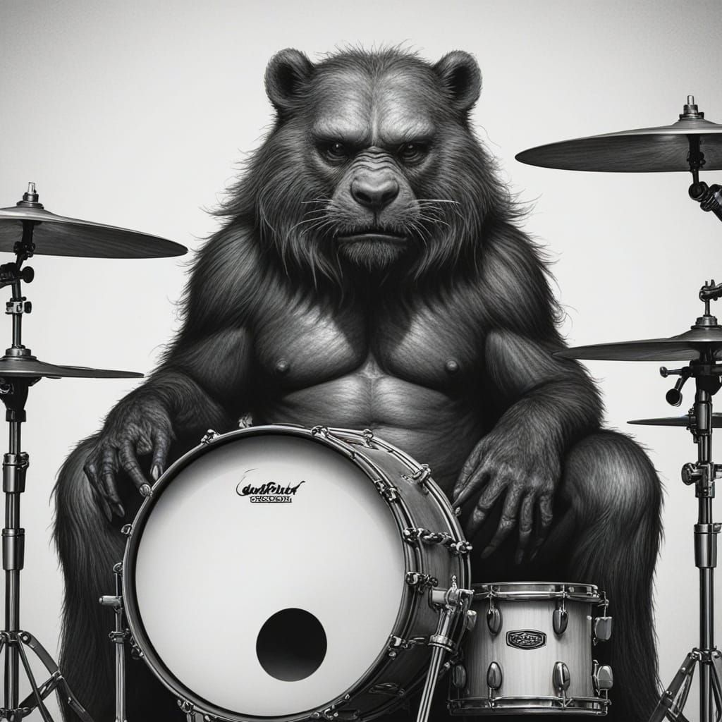 Grotesque Animal on Drums in Photorealistic Pencil Sketch