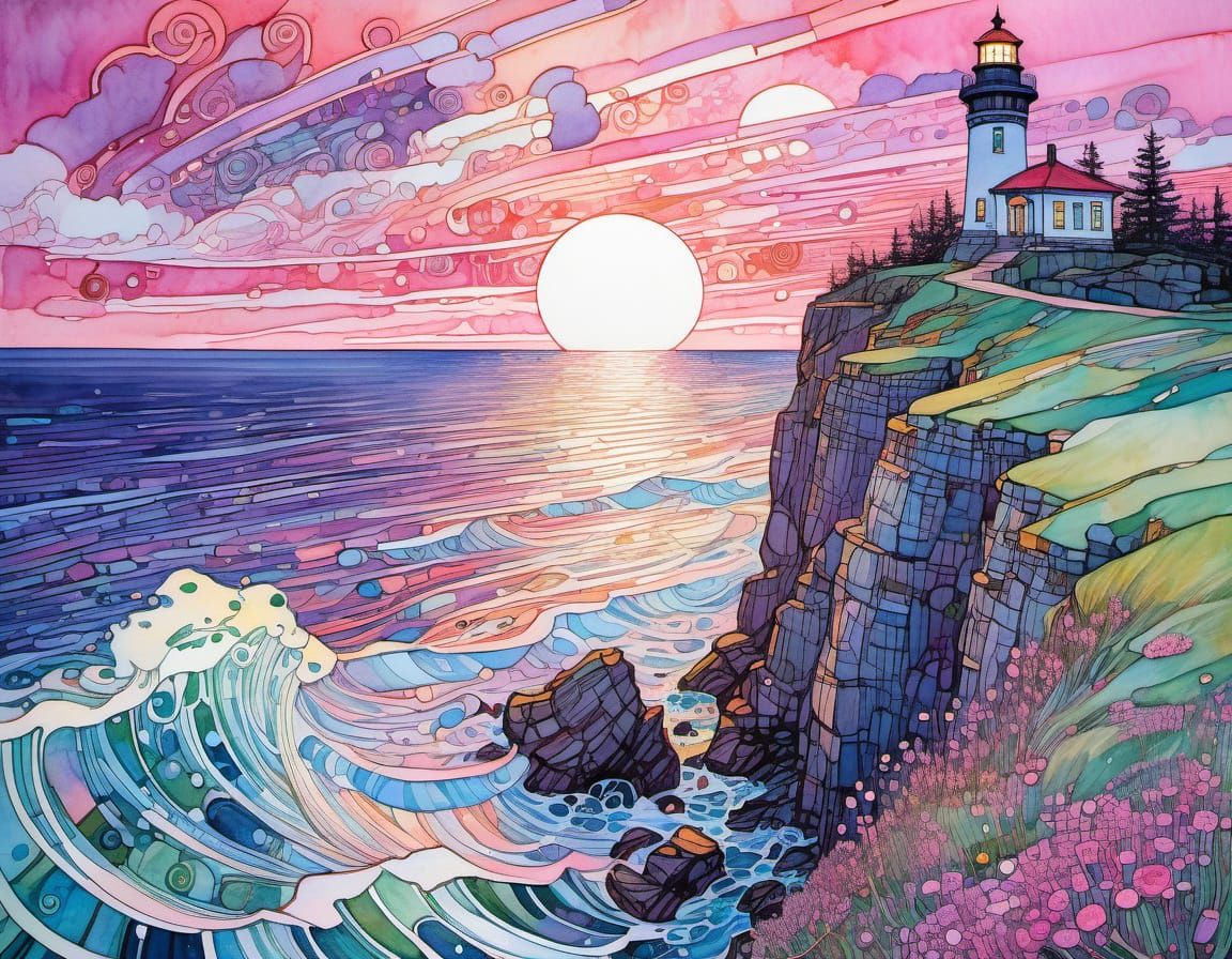 Lighthouse at Sunset: Ink and Watercolor Painting