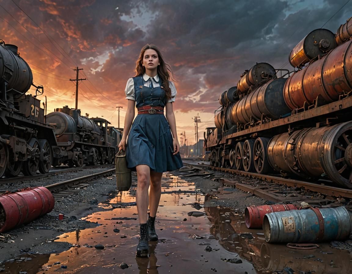 Dieselpunk Girl in Industrial Wasteland at Sunset