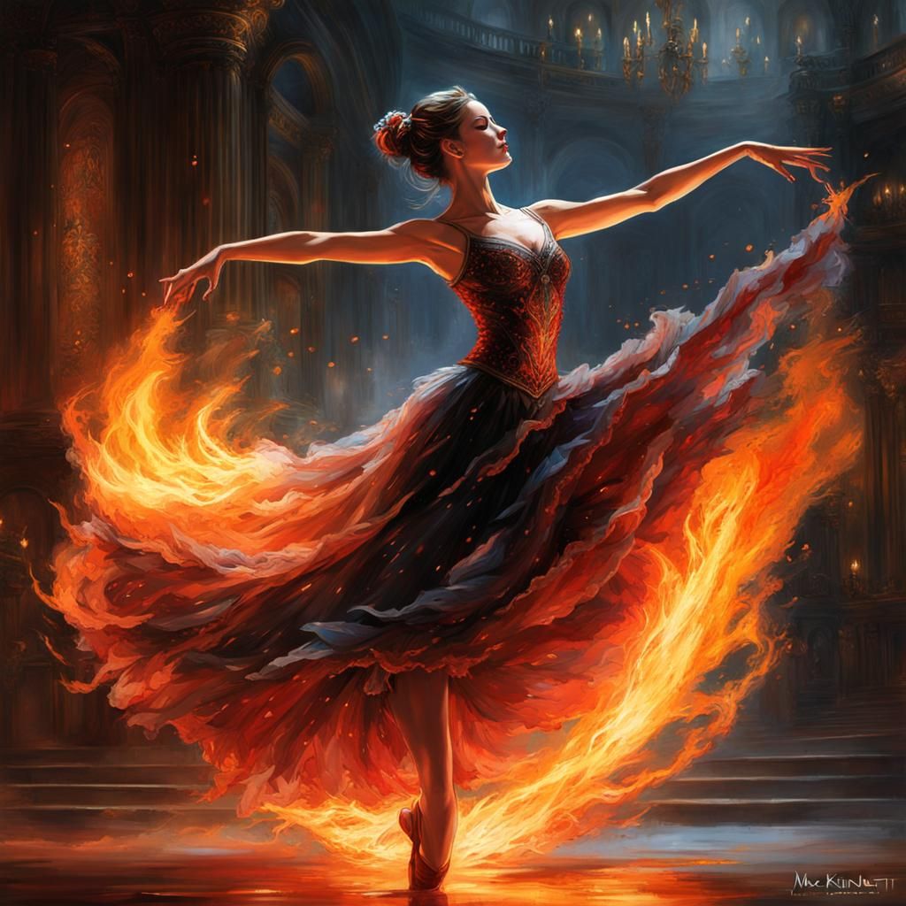 Ballerina's Fiery Dance: Hyperdetailed Digital Art