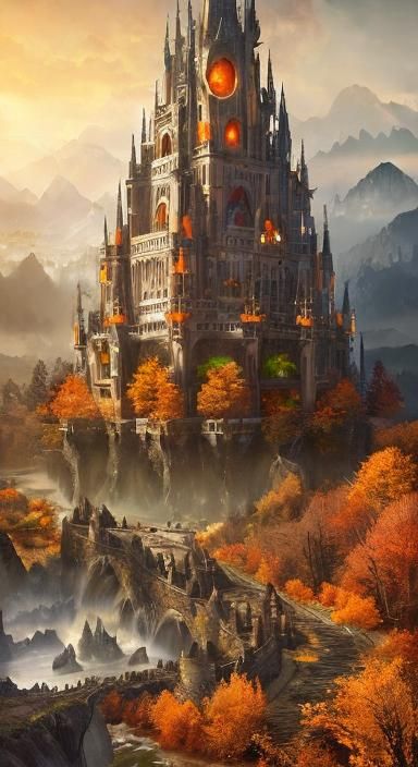 Fantasy Autumn Landscape with Elven Castle
