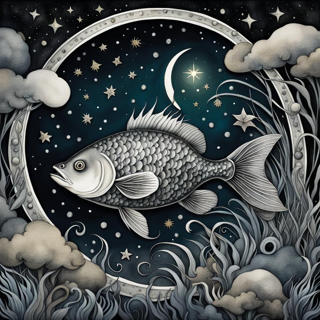 Watercolor Fish Swimming Under Moonlight, Ink Illustration