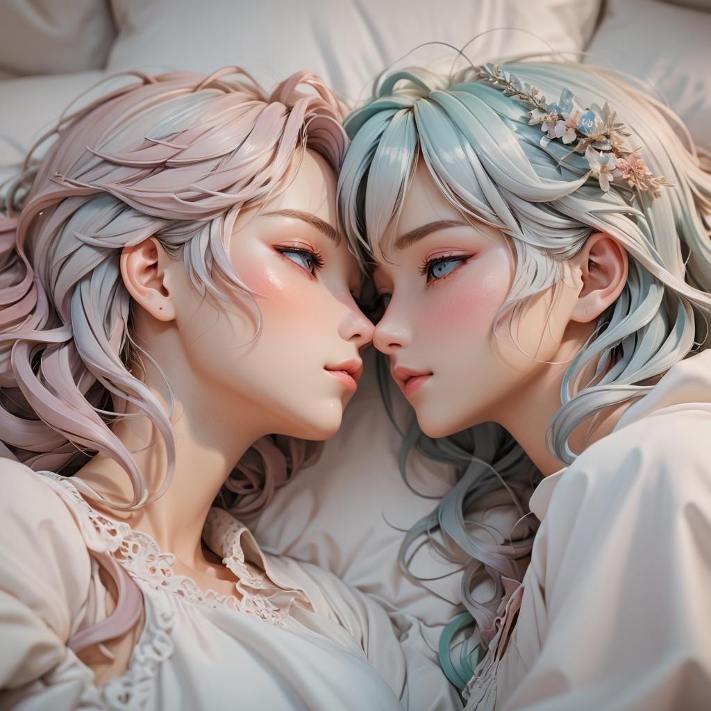 Intimate Anime Portrait of Girls Kissing