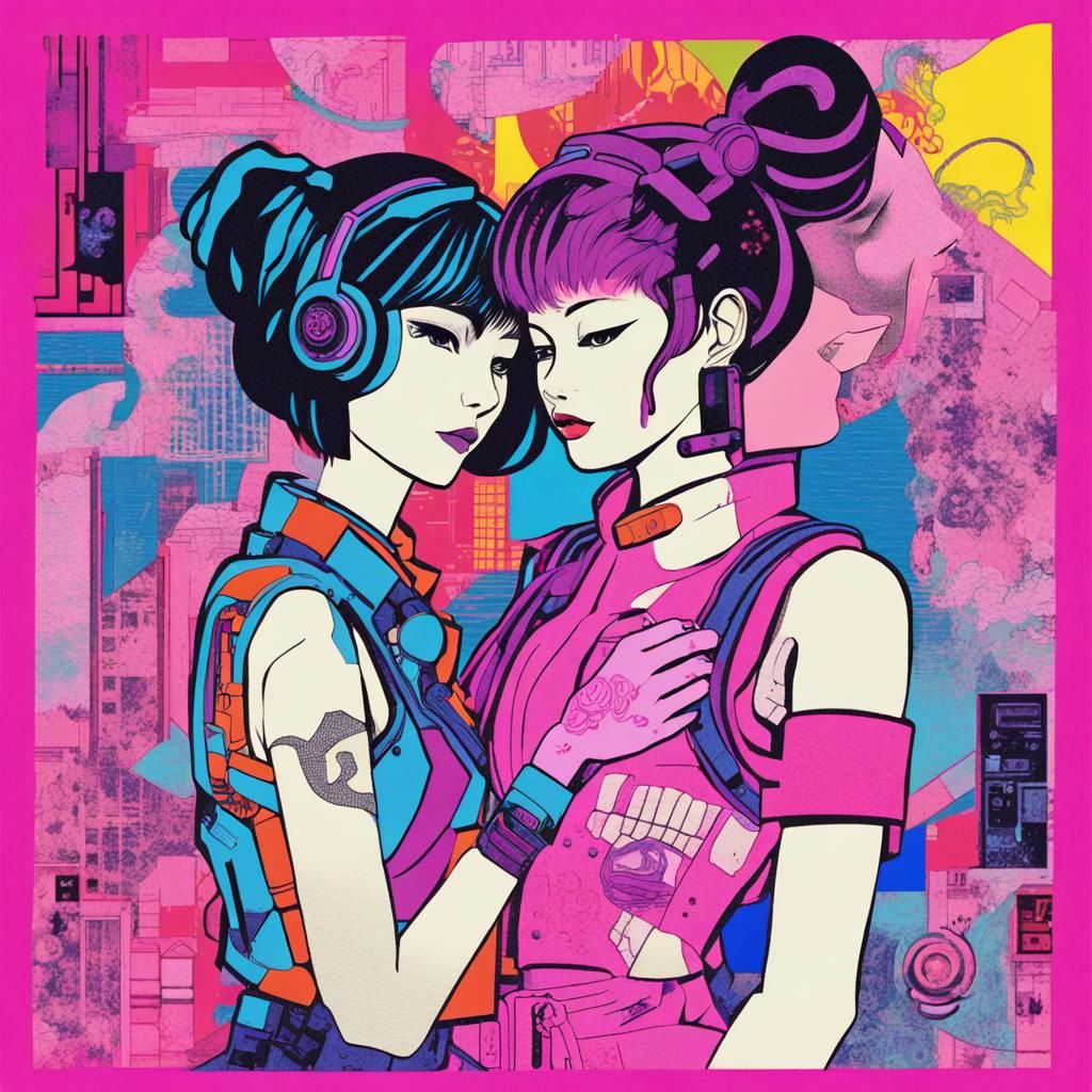 Affectionate Anime Couple in Cyberpunk Risograph Print