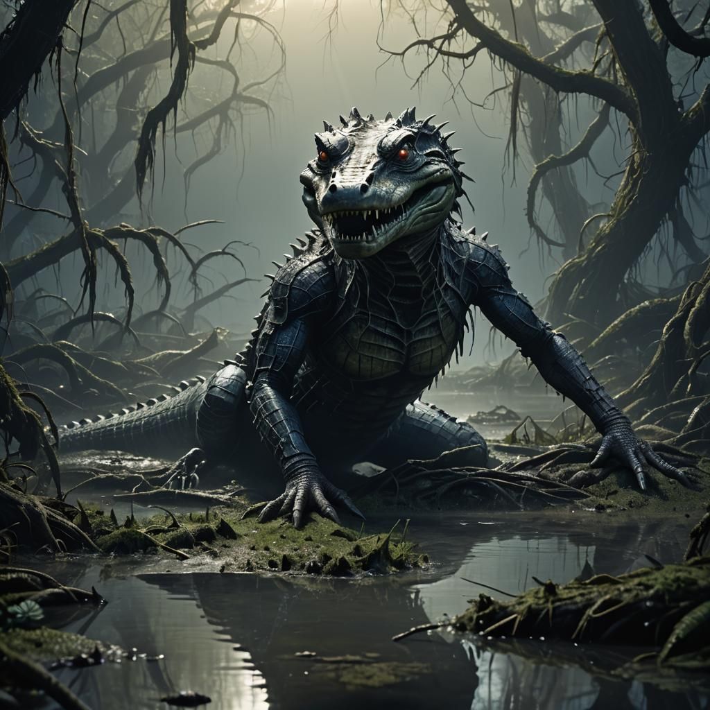 Mystic Alligator Woman Emerges from Murky Swamp