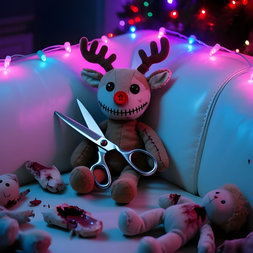 Creepy Rudolph Doll with Scissors in Dark Christmas Room