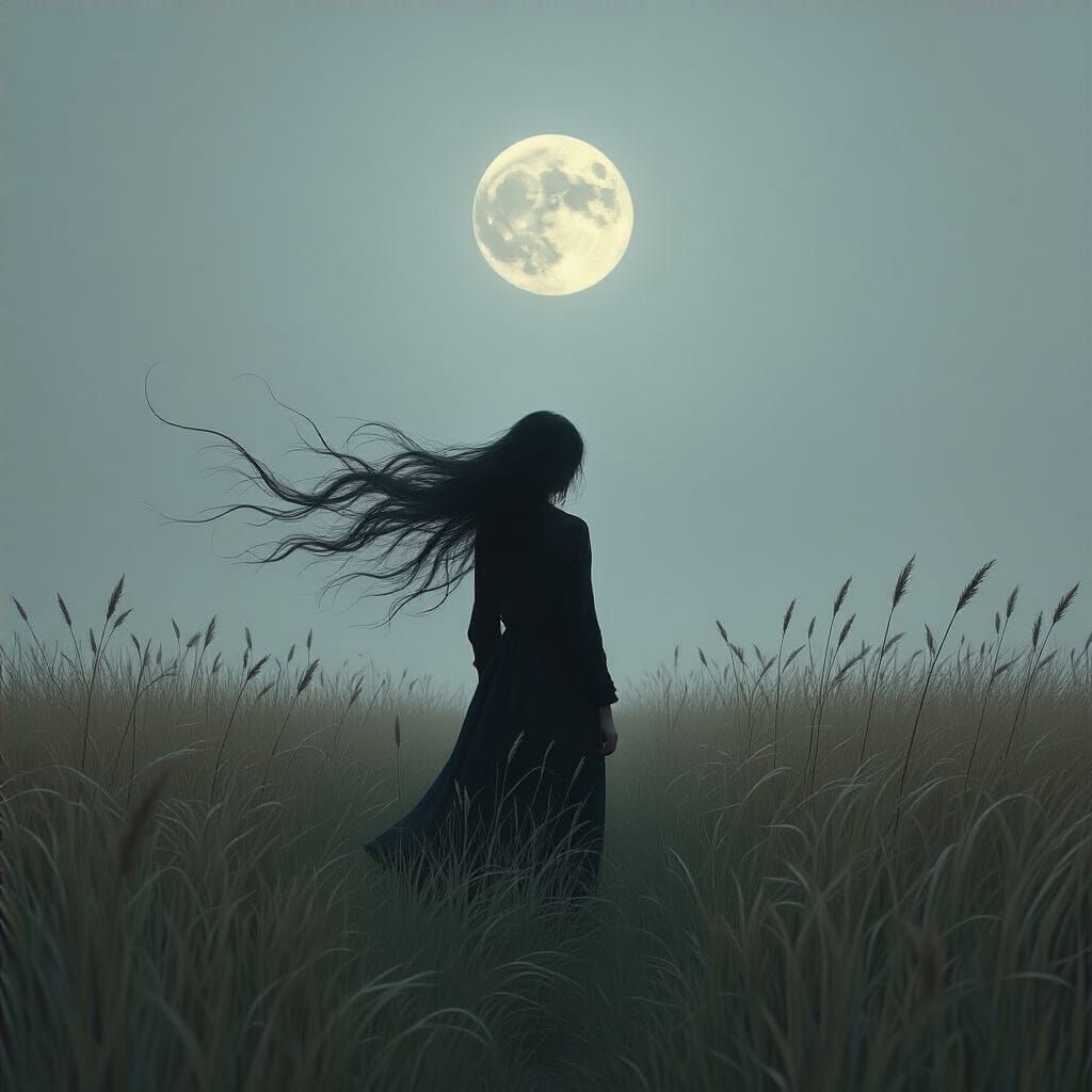 Solitary Figure in Moonlit Grass Field