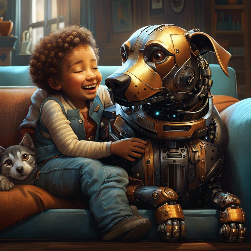 Robotic Dog Cuddles Human: Detailed Digital Painting