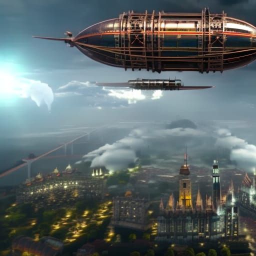 Shenzhen in the style Enchanted, mystical, magical, steampunk airship overhead with propellers, Victoria Terminus, apoca...