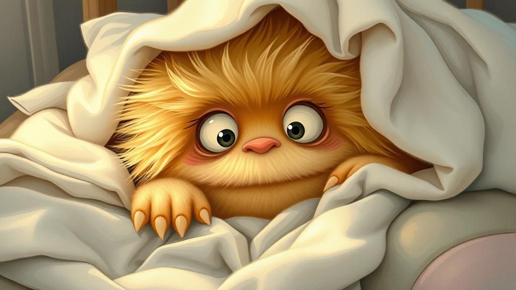 Cuddly Monster Hiding Under Bed in Whimsical Illustration