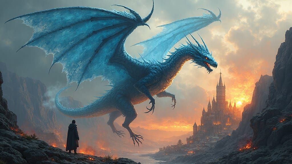 Transparent Ice Dragon Breathes Fire on Burning Village