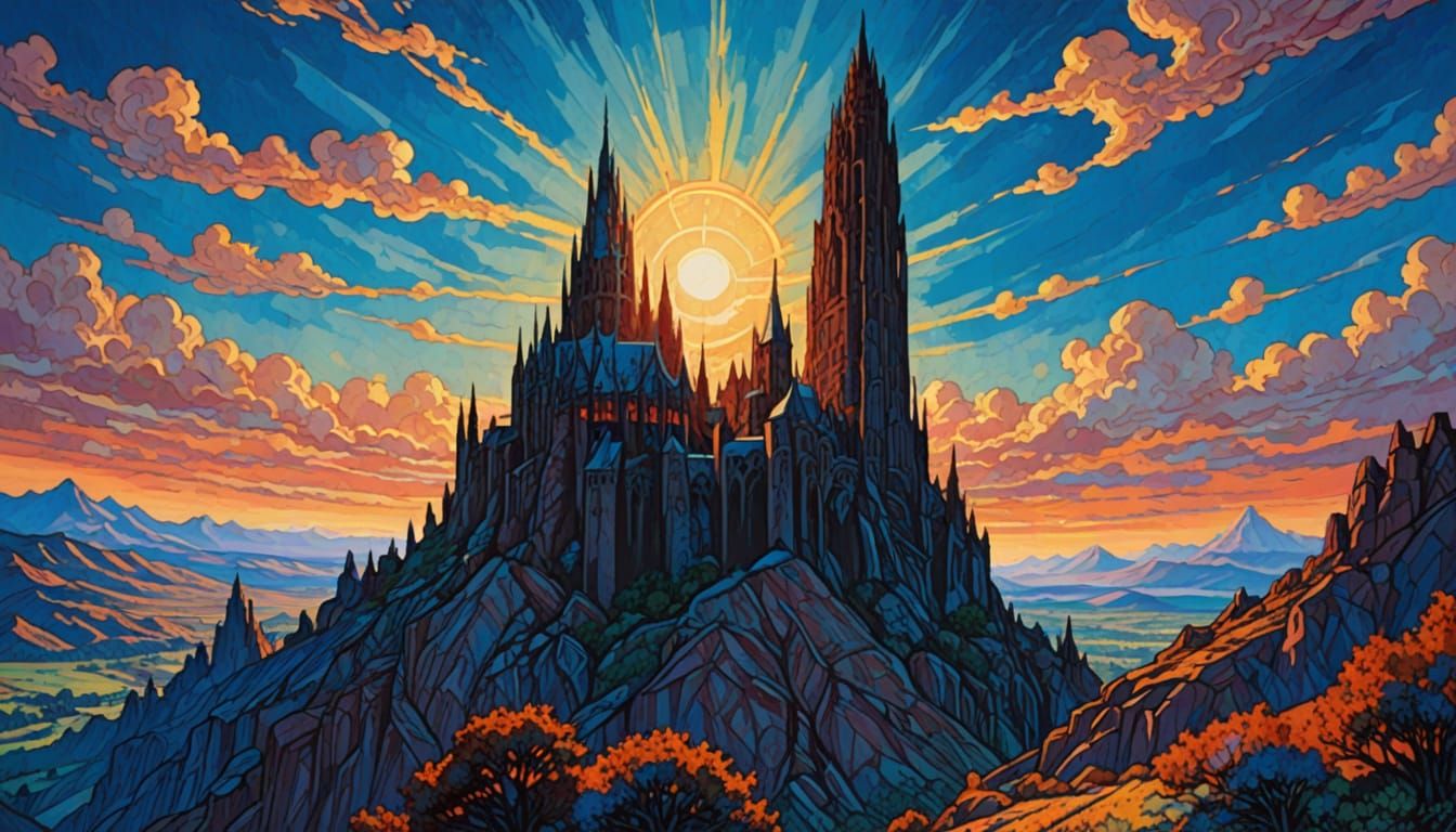 Epic Dark Tower Painting in Vibrant Blue Sky
