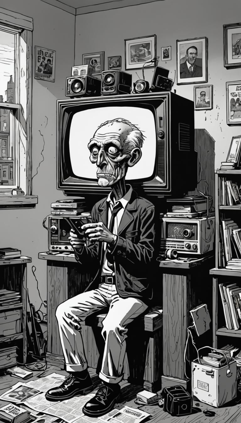 Humorous Dehumanizing Cartoon of a TV Addict