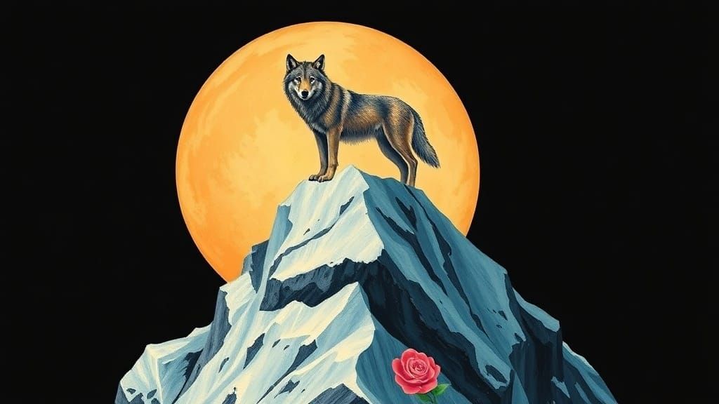 Wolf on Snowy Mountain Peak in Vibrant Neon Colors