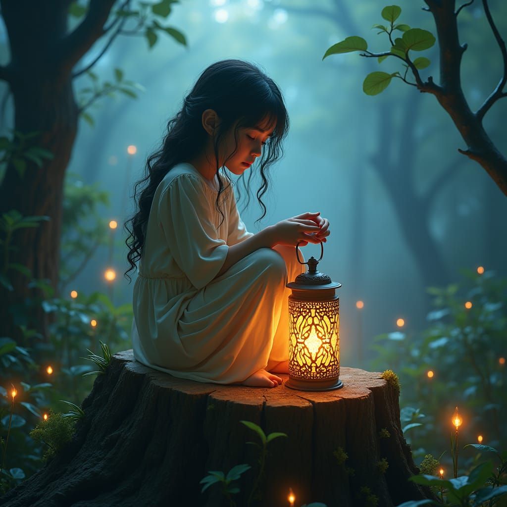 Mystical Girl with Lantern in Dreamlike Forest