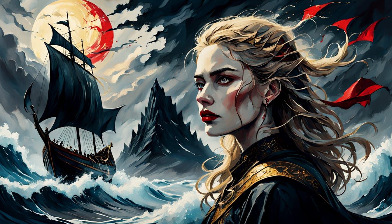 Viking Ship on Stormy Sea in Gothic Double Exposure