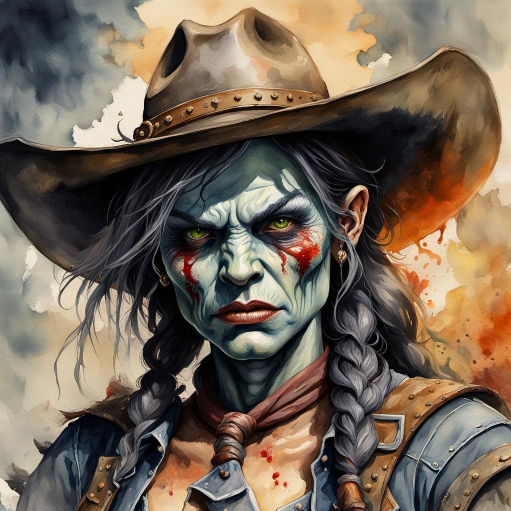 Grotesque Orc Cowgirl in Watercolor Style