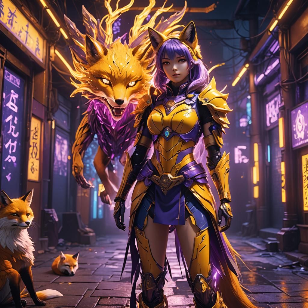 Fox Girl in Neon Armor: Anime Art
