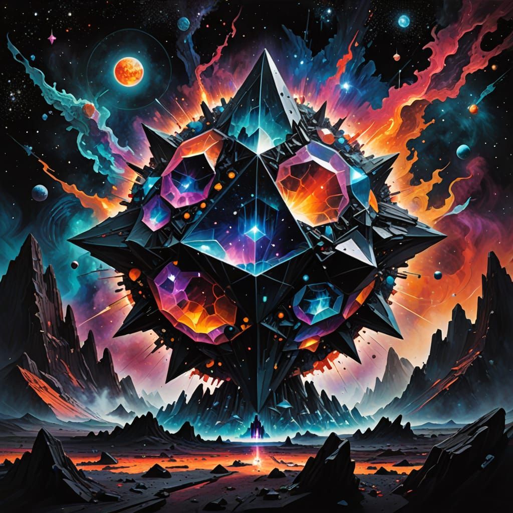 Sentient Crystal on Barren Moon Warping Space in Abstract Co...