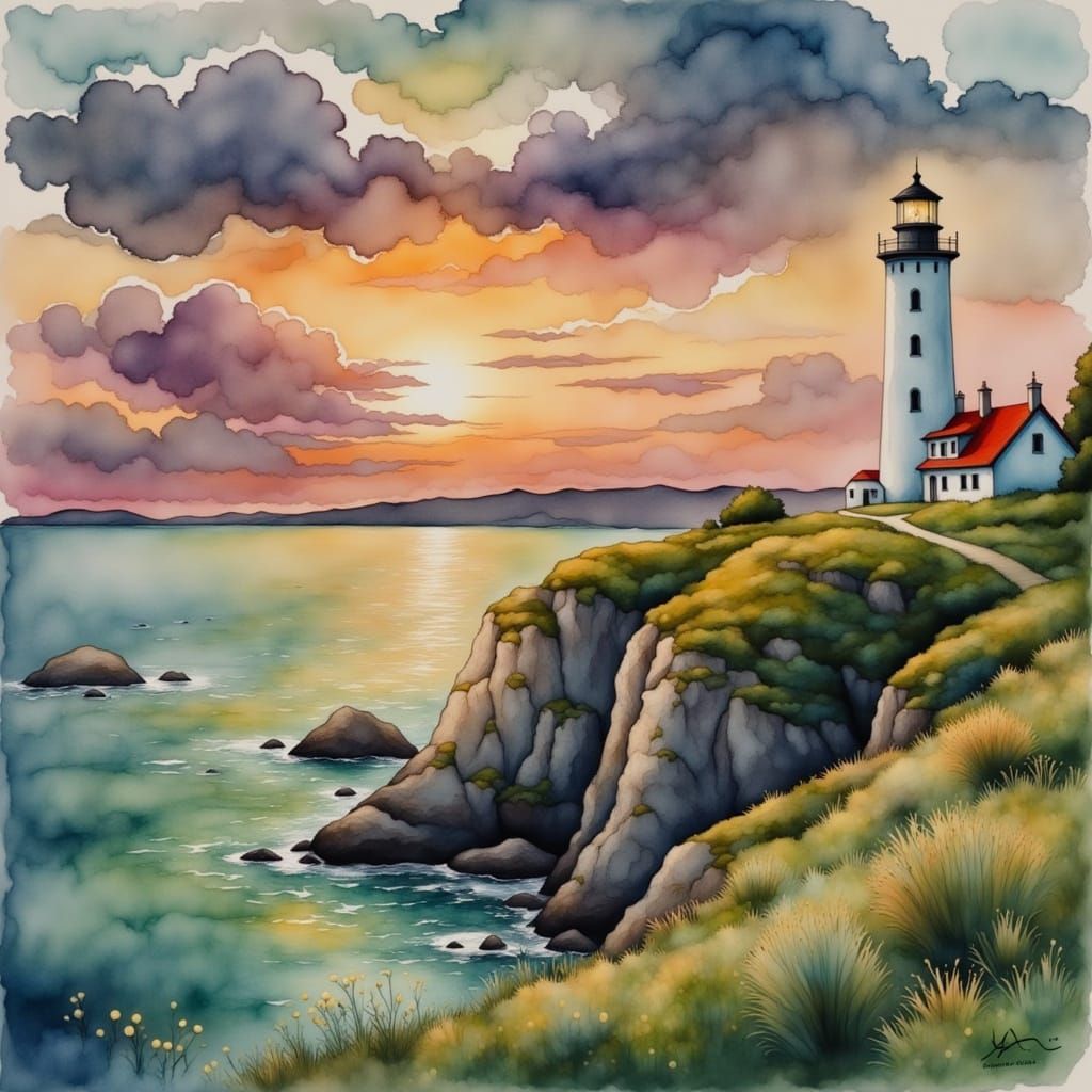 Dreamy Lighthouse Scene at Sunset, Watercolor Style