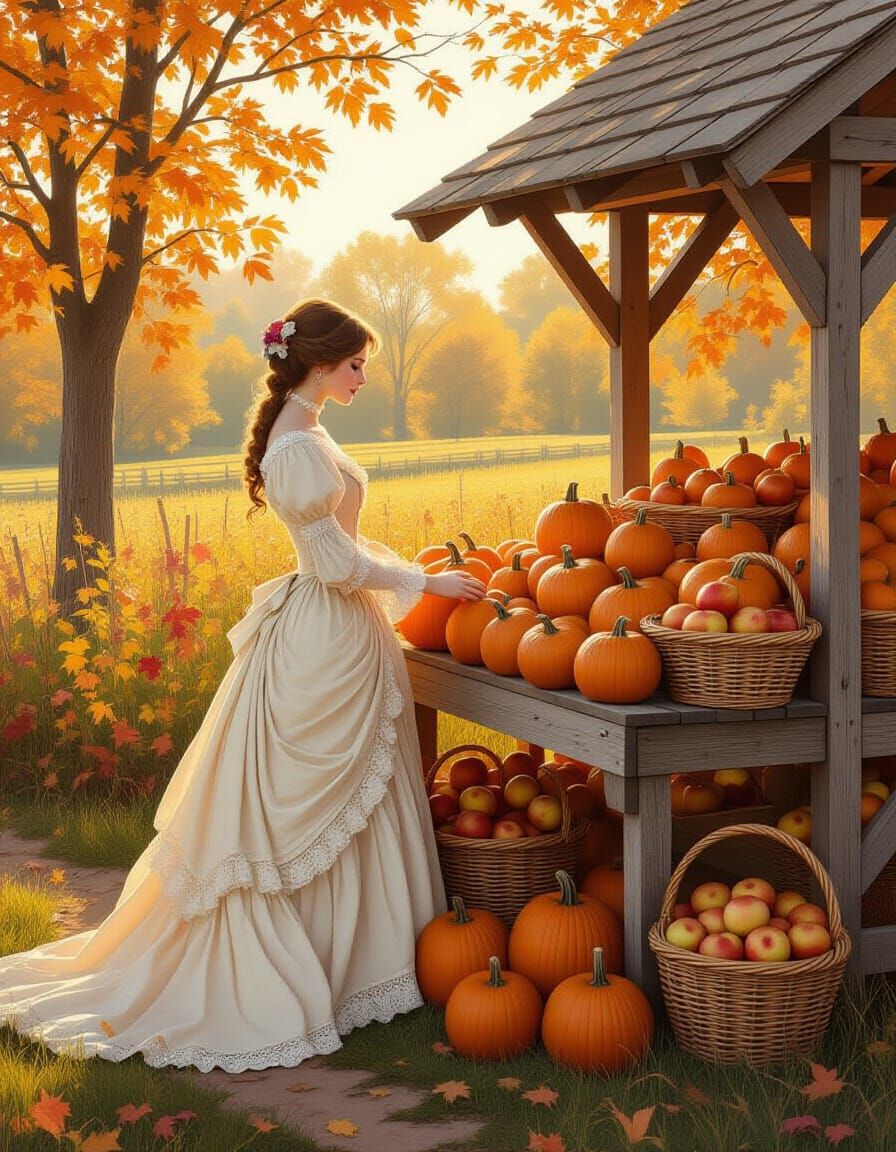 Victorian Woman at Autumn Farmstand: Illustration