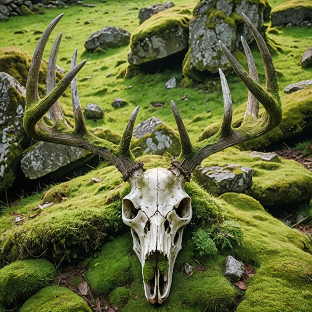Mossy Deer Skull in Overgrown Field