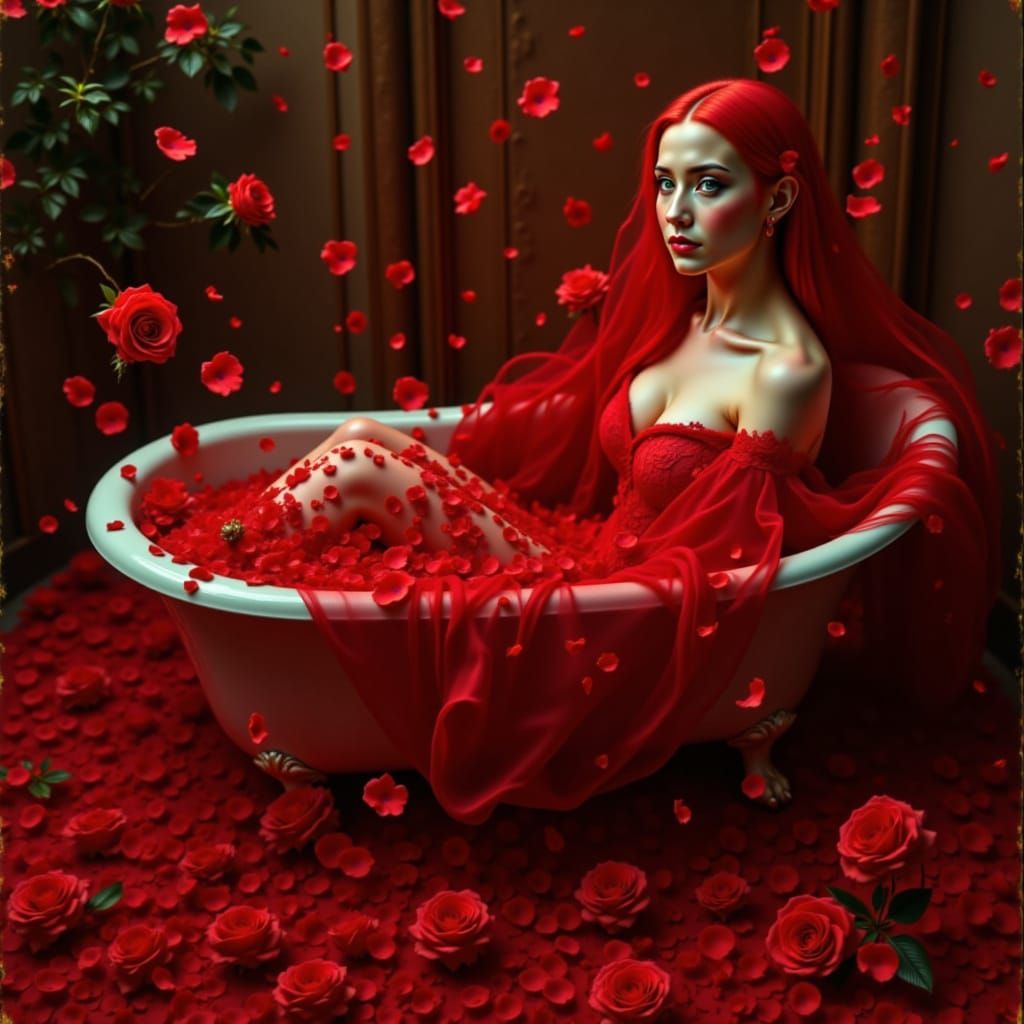 Woman in Red Bathtub Overflowing with Roses