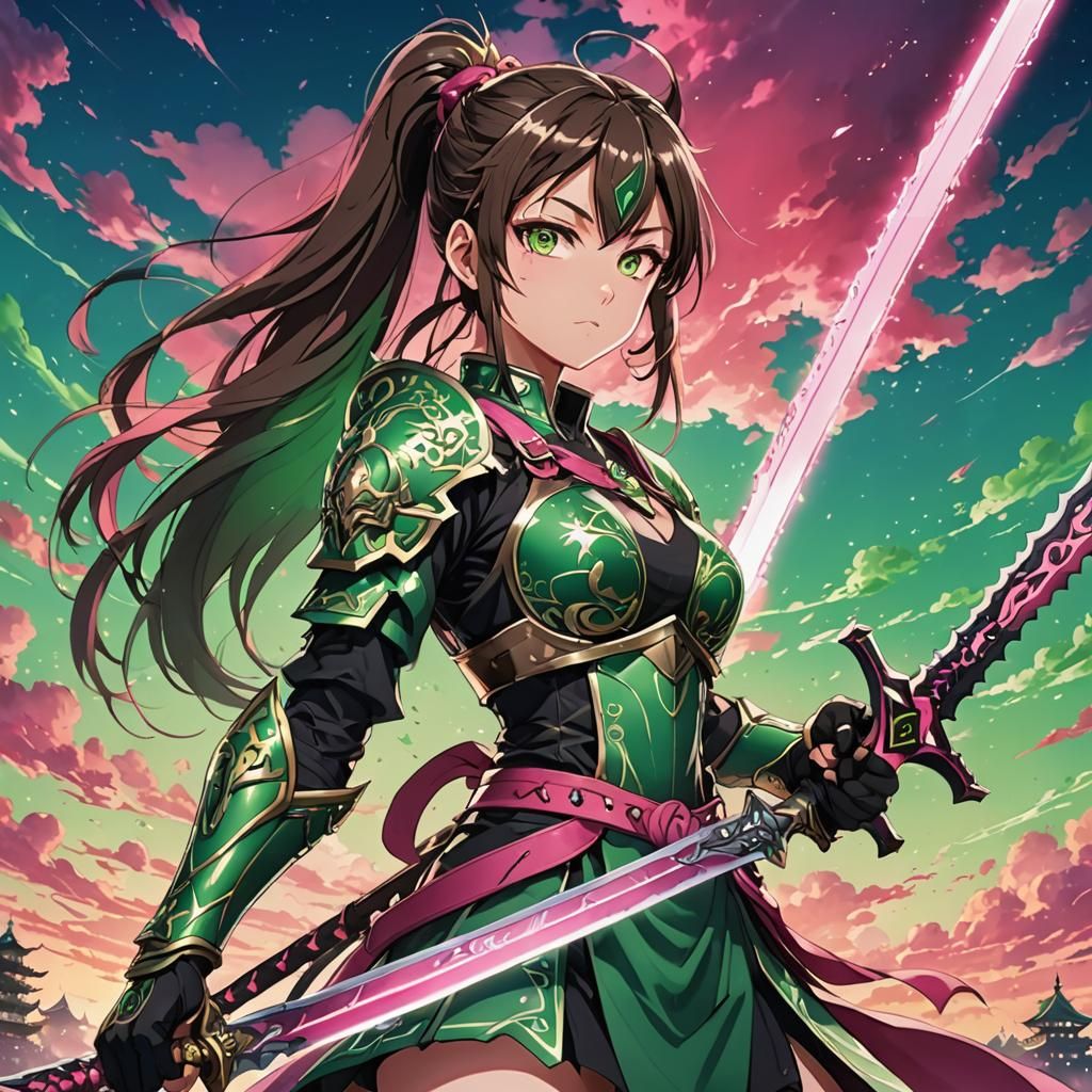 Anime Warrior with Chaos Sword in Pink and Green Sky