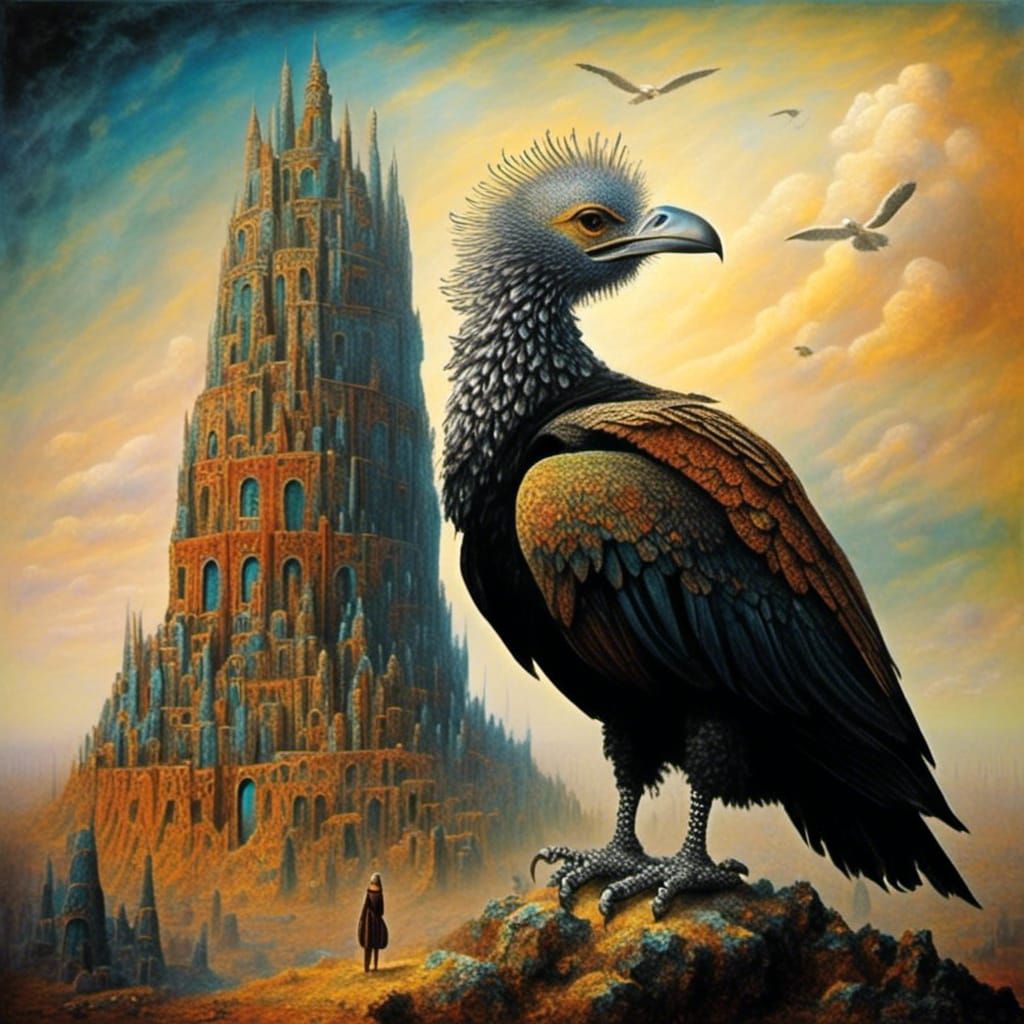 Tower of Babel with Vulture in Mixed Media Style
