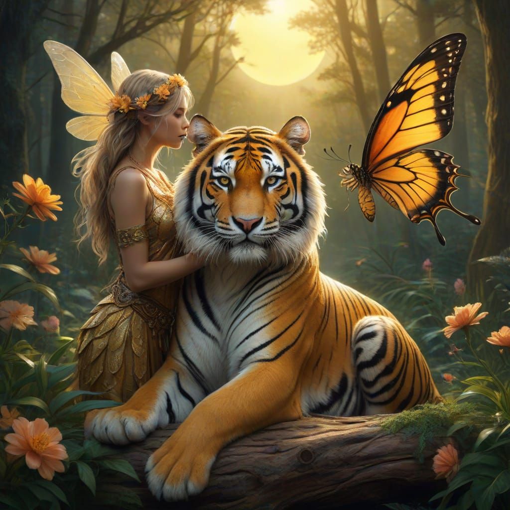 Golden Fairy Goddess Embracing Bengal Tiger in Moonlit Fores...