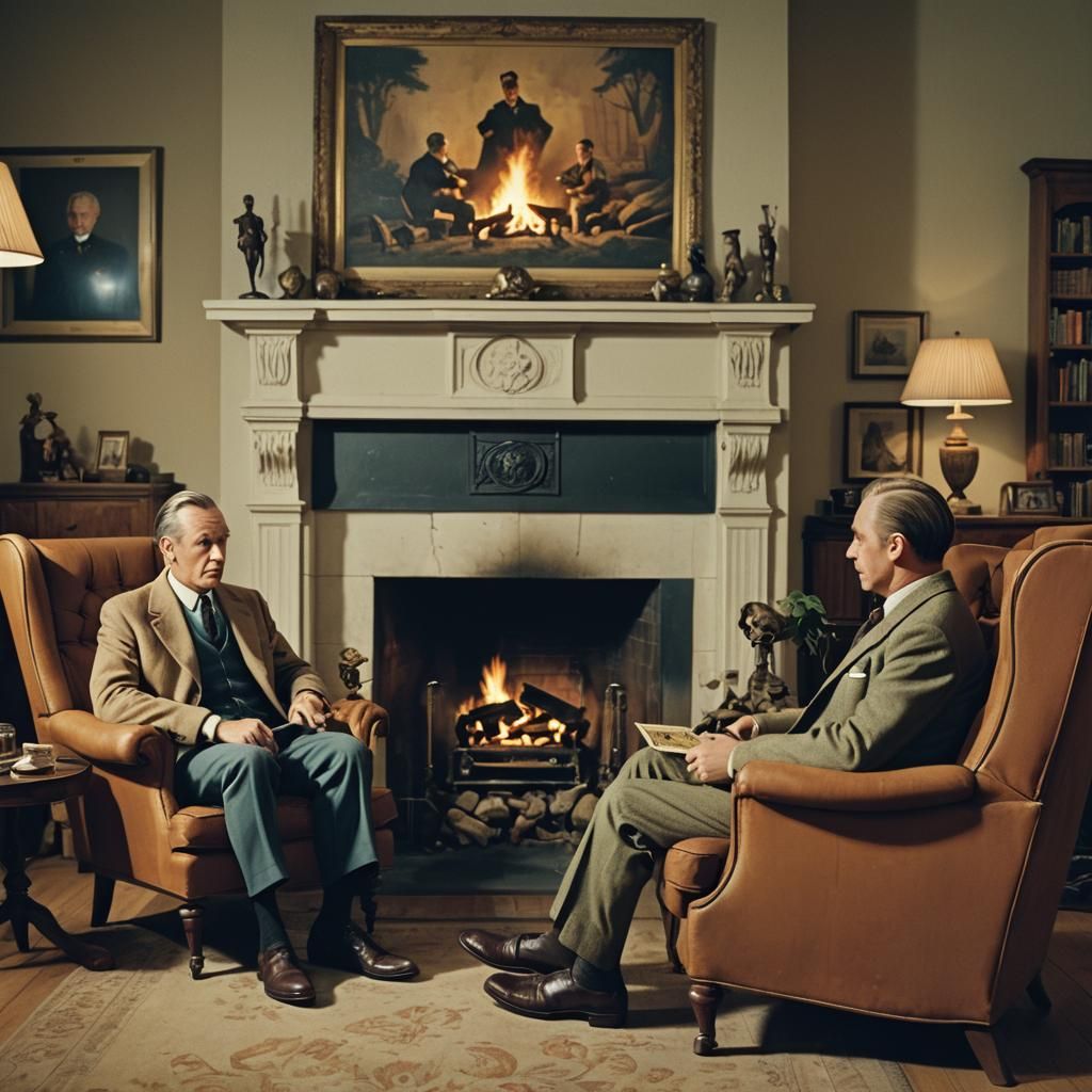 Blake and Mortimer by Fireplace: Cinematic Film Still