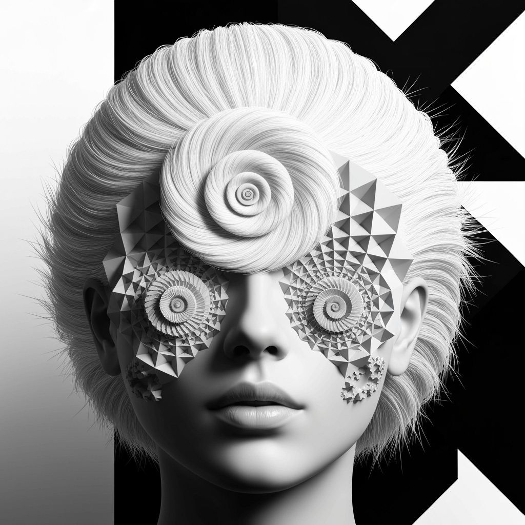 Surreal Geometric Hair Portrait in Monochrome