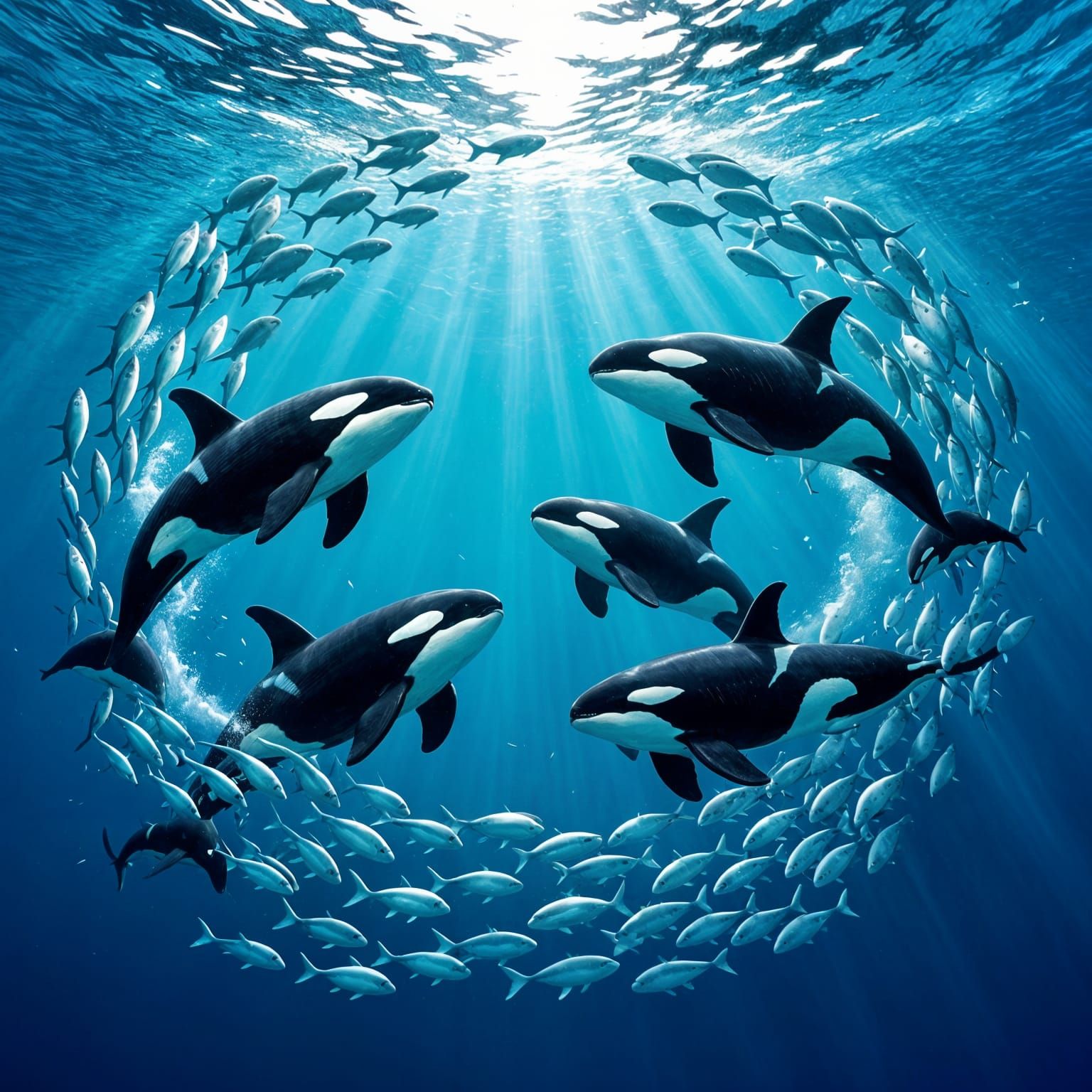 Orcas Herding Fish School in Blue Underwater Scene