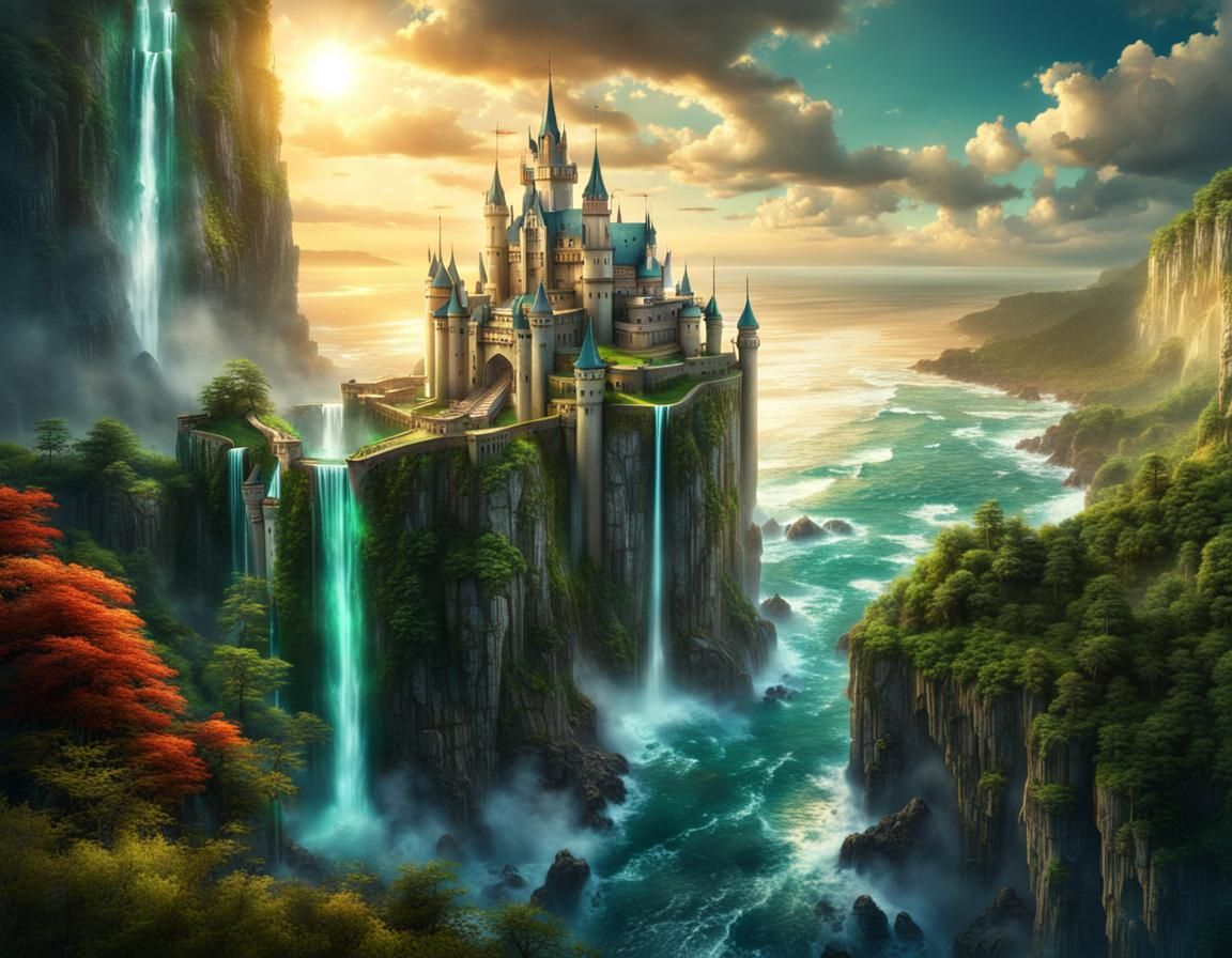 Glass and Emerald Fantasy Castle on Cliff