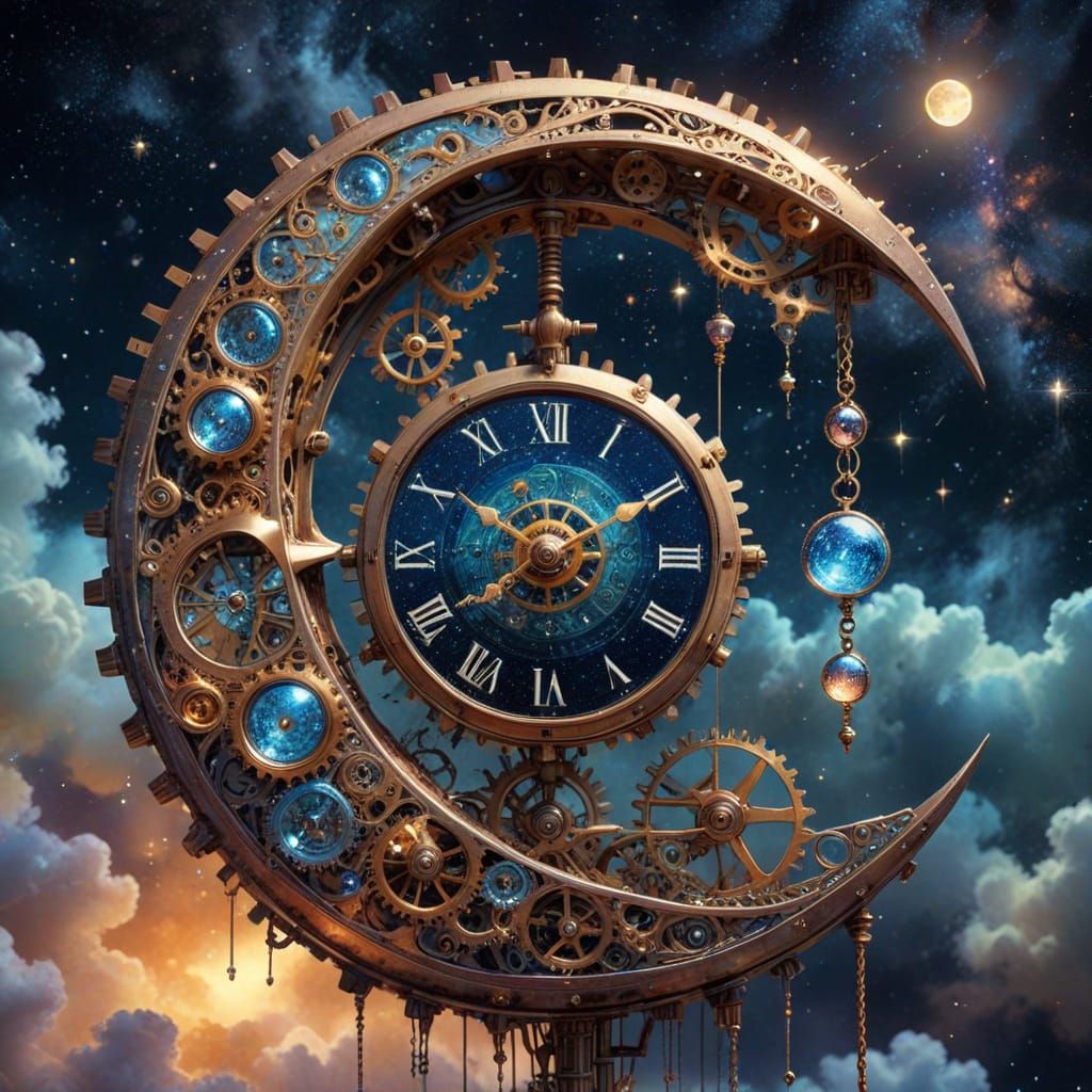 Dreamy Night Sky with Glowing Moon and Clockwork Gears