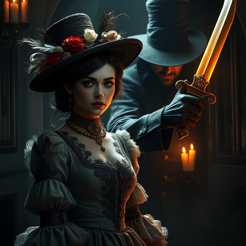 Ominous Victorian Encounter in Dark Fantasy Style