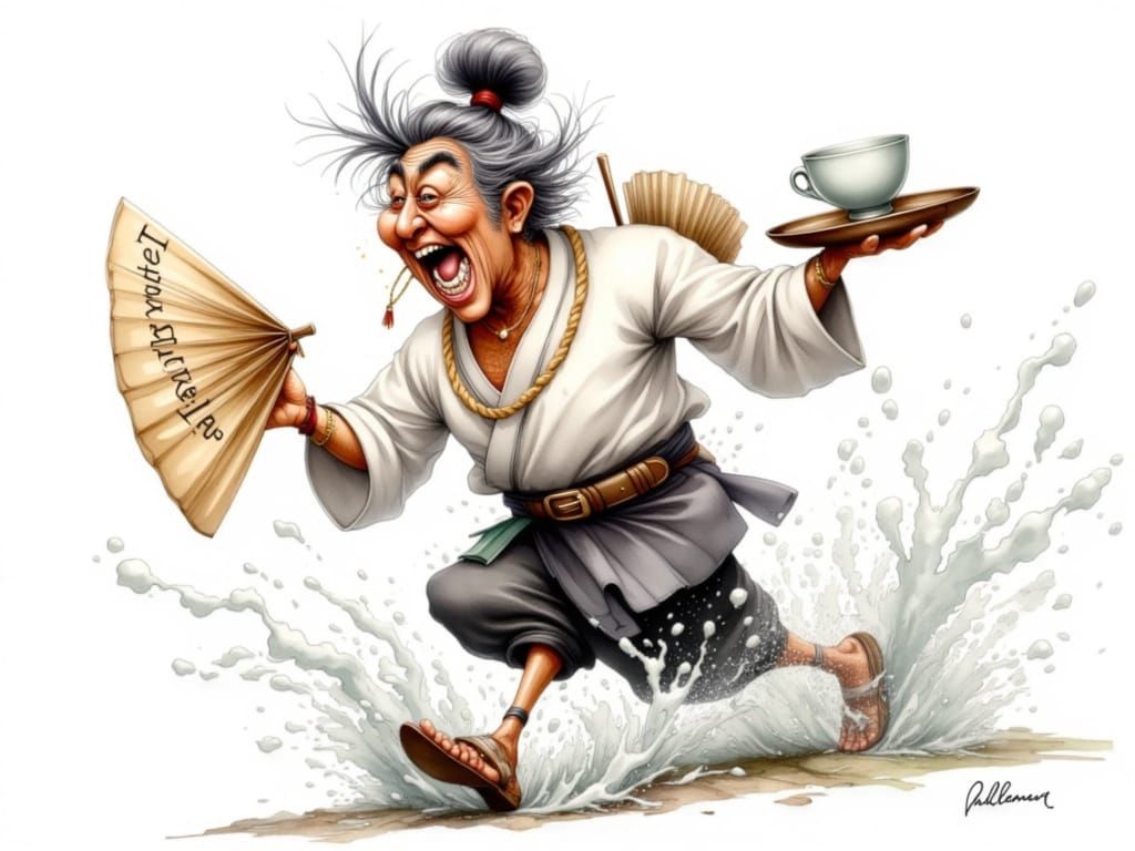 Frantic Samurai Tea Master in Whimsical Watercolor Style